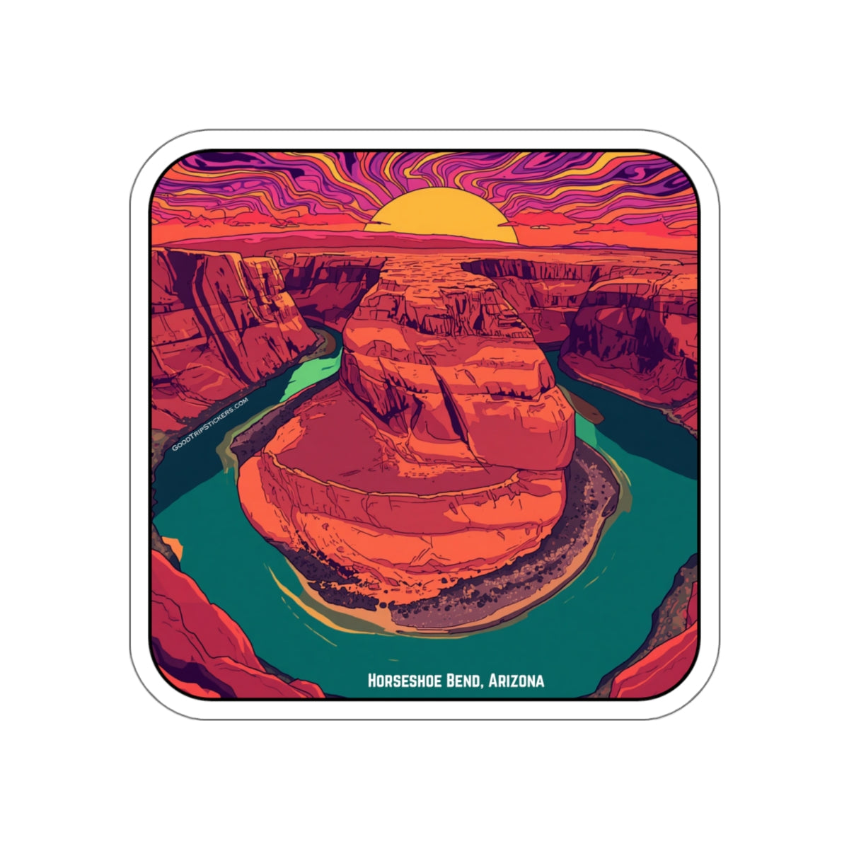 Horseshoe Bend Arizona Sunset Sticker — Retro Canyon Die-Cut Sticker