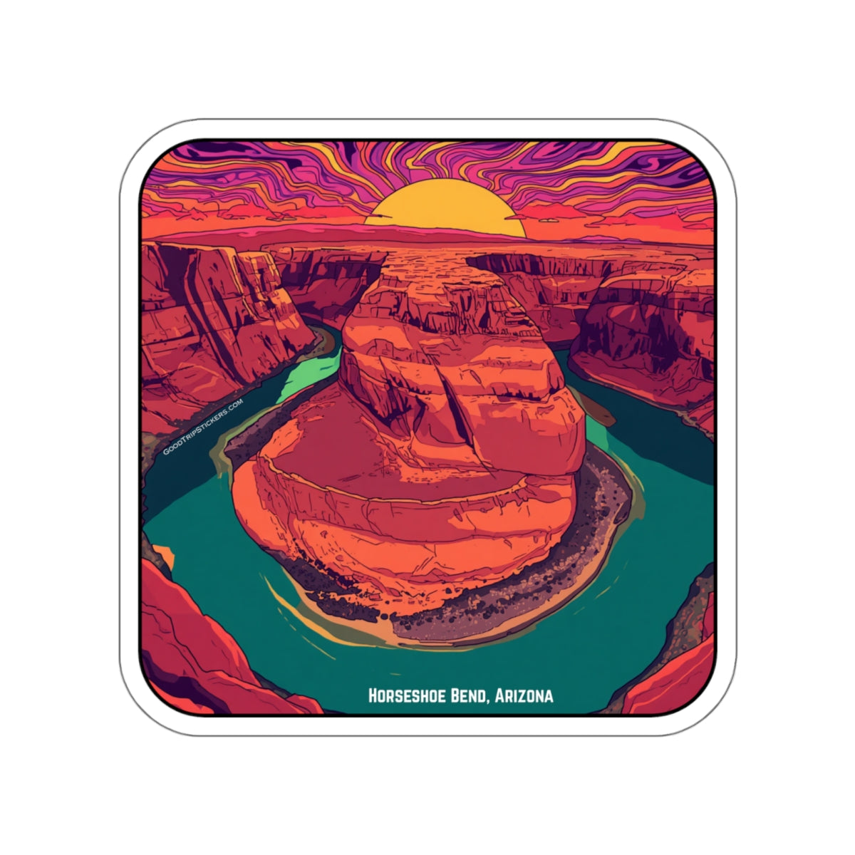 Horseshoe Bend Arizona Sunset Sticker — Retro Canyon Die-Cut Sticker