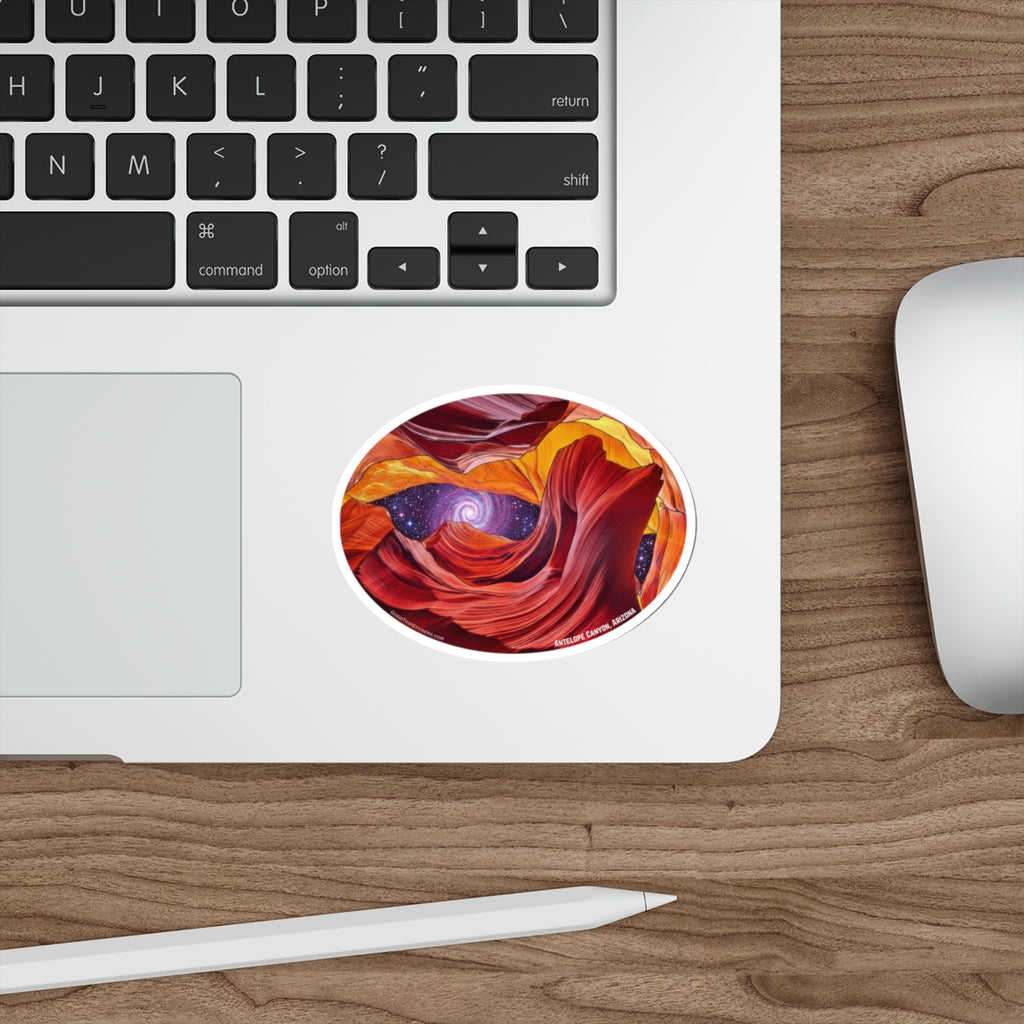 Antelope Canyon Die-Cut Sticker — Swirling Red Rock & Starry Vortex - Oval Version