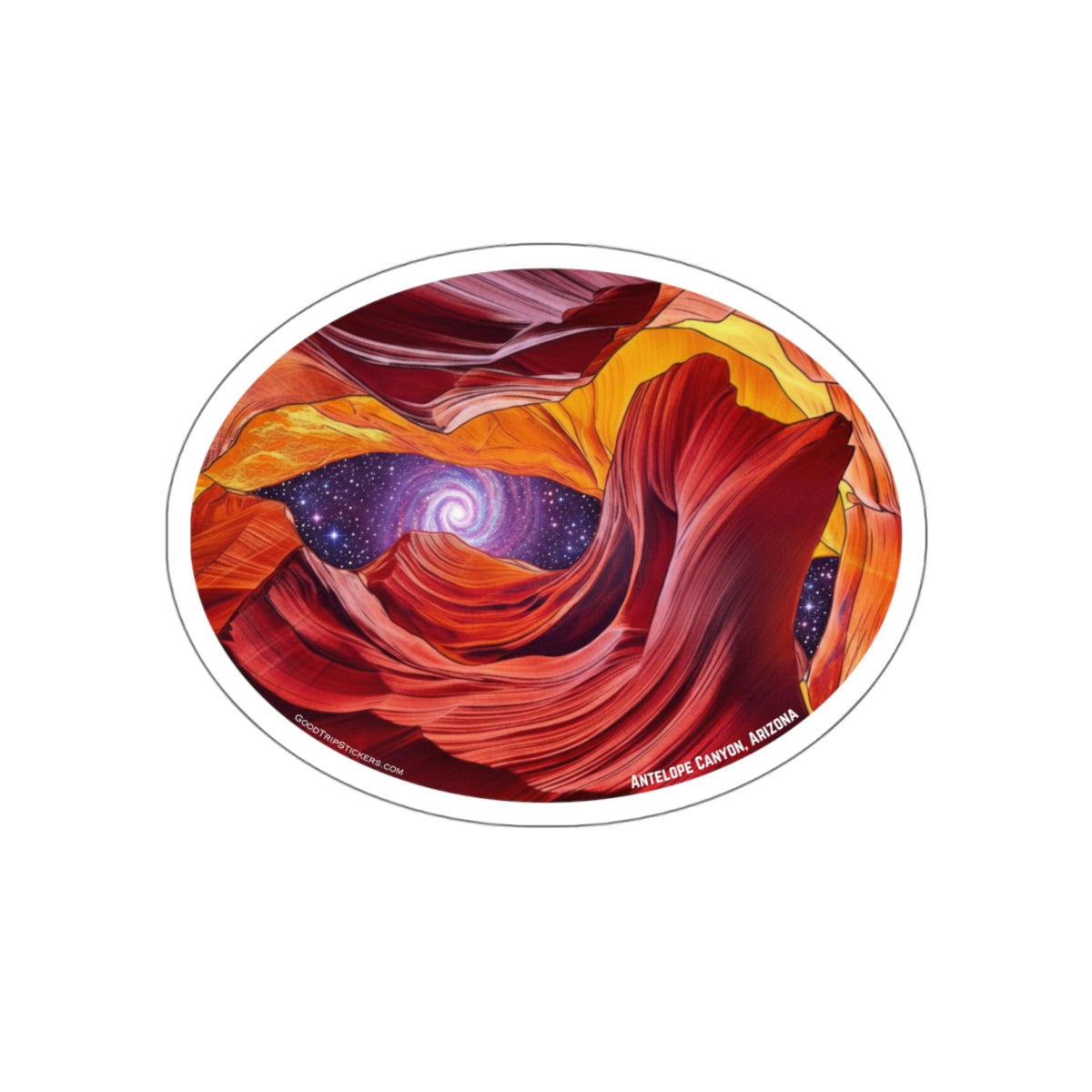 Antelope Canyon Die-Cut Sticker — Swirling Red Rock & Starry Vortex - Oval Version